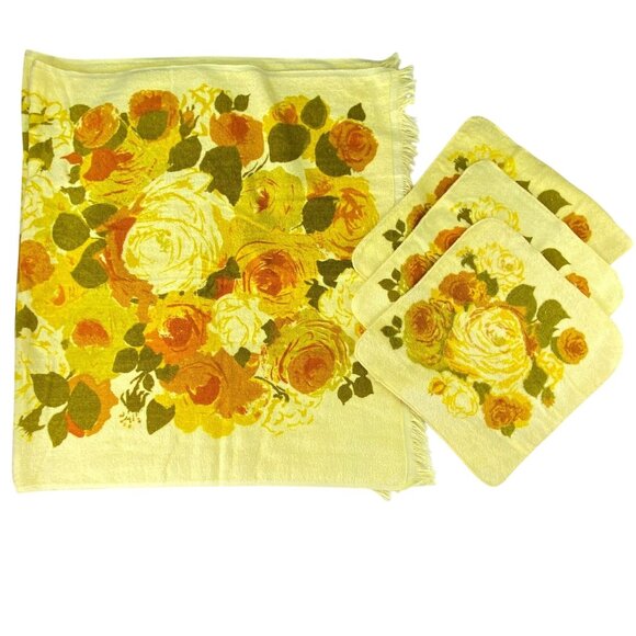 Vintage Cannon Monticello Yellow Orange Floral 2 Towels and 3 Washcloths Set - Picture 1 of 9